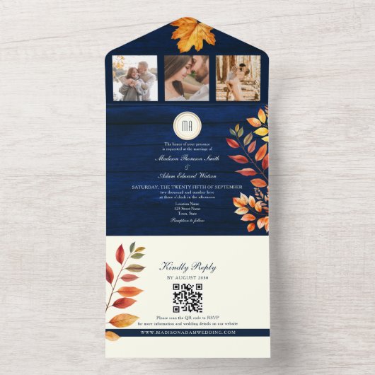Navy Blue Rustic Fall Wedding All In One Uitnodiging (Binnen)
