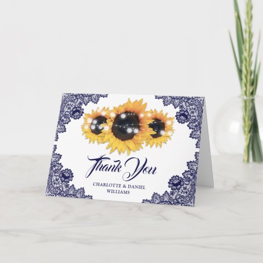 Navy Blue Rustic Floral Lace Sunflower Wedding Bedankkaart (Voorkant)