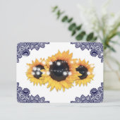 Navy Blue Rustic Floral Lace Sunflower Wedding RSVP Kaartje (Staand voorkant)