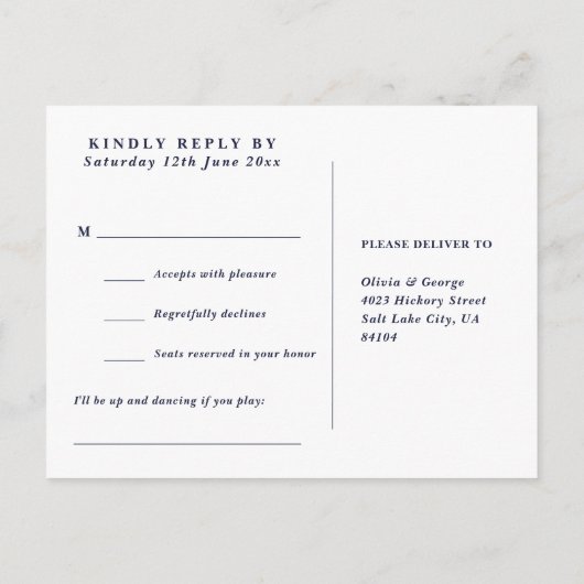 Navy Blue Rustic Floral Song Request RSVP Briefkaa Uitnodiging Briefkaart (Achterkant)