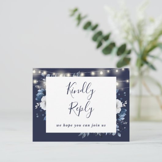 Navy Blue Rustic Floral Song Request RSVP Briefkaa Uitnodiging Briefkaart (Staand voorkant)