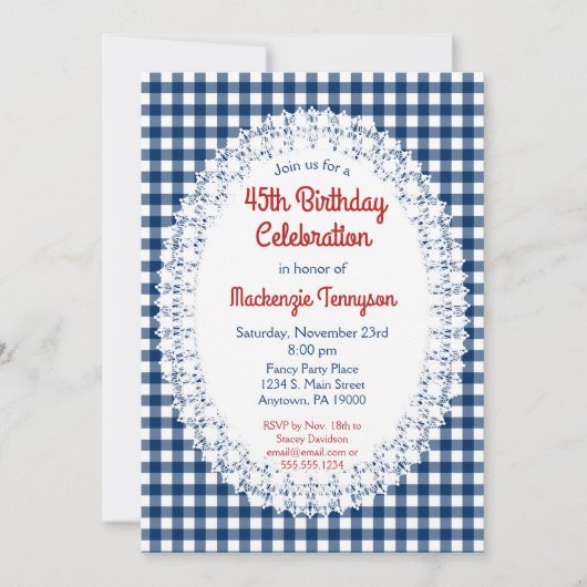 Navy Blue Rustic Gingham Birthday Party Invitation Kaart (Voorkant)