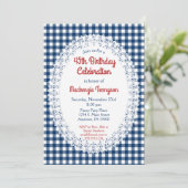 Navy Blue Rustic Gingham Birthday Party Invitation Kaart (Staand voorkant)