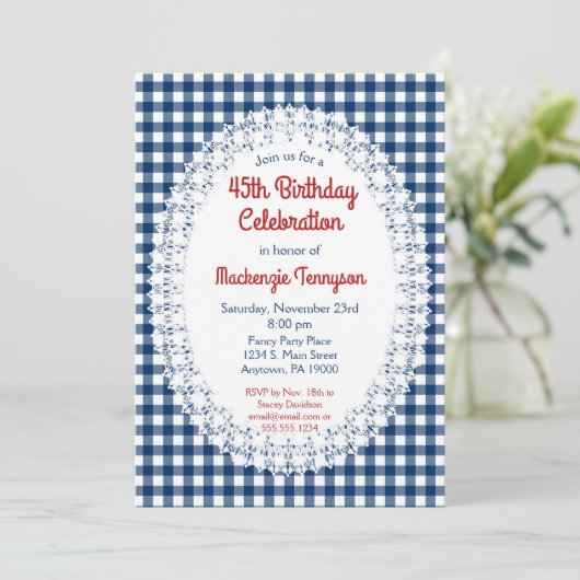Navy Blue Rustic Gingham Birthday Party Invitation Kaart (Staand voorkant)