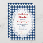 Navy Blue Rustic Gingham Birthday Party Invitation Kaart (Voorkant / Achterkant)