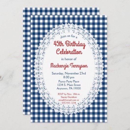 Navy Blue Rustic Gingham Birthday Party Invitation Kaart (Voorkant / Achterkant)
