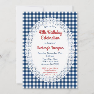 Navy Blue Rustic Gingham Birthday Party Invitation Kaart