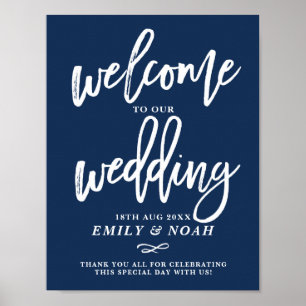 Navy Blue Rustic Hand Lettering Wedding Welkom Poster