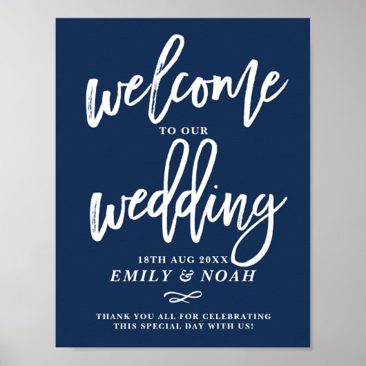 Navy Blue Rustic Hand Lettering Wedding Welkom Poster (Voorkant)