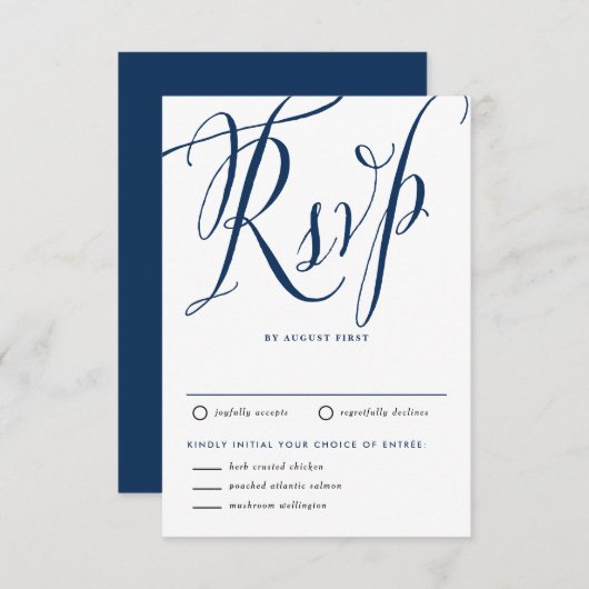 Navy Blue Rustic Kalligrafie met Maaltijdkeuze RSVP Kaartje (Voorkant / Achterkant)