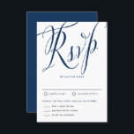 Navy Blue Rustic Kalligrafie met Maaltijdkeuze RSVP Kaartje<br><div class="desc">Deze aanpasbare marineblauwe trouwkaart RSVP is voorzien van rustieke kalligrafie en biedt een charmante en persoonlijke touch aan uw huwelijksuitnodigingen. De klassieke marineblauw en witte RSVP-kaart maakt het veelzijdig en gemakkelijk te combineren met elk thema, terwijl de elegante kalligrafie een warm, rustiek gevoel toevoegt. Personaliseer het eenvoudig met uw evenementengegevens...</div>