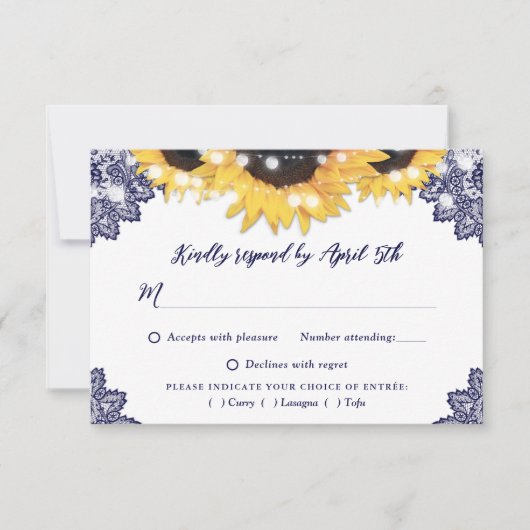 Navy Blue Rustic Lace Sunflower Wedding RSVP Kaartje (Voorkant)