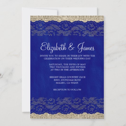 Navy Blue Rustic Lace Wedding Invitations Kaart (Voorkant)