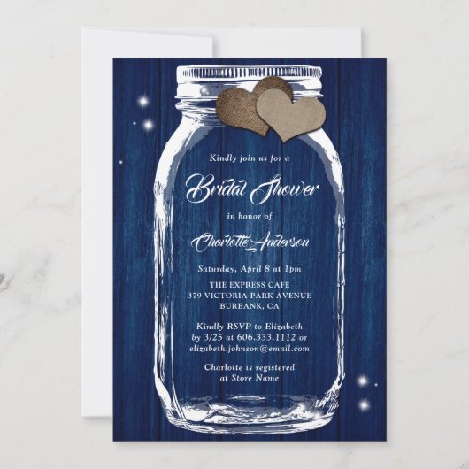 Navy Blue Rustic Land Mason Jar Vrijgezellenfeest Kaart (Voorkant)