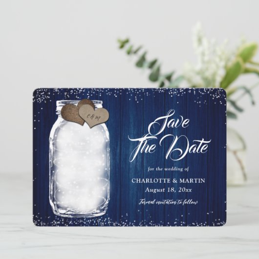 Navy Blue Rustic Mason Jar Lights Hout Wedding Save The Date (Staand voorkant)