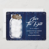 Navy Blue Rustic Mason Jar Lights Hout Wedding Save The Date (Voorkant)