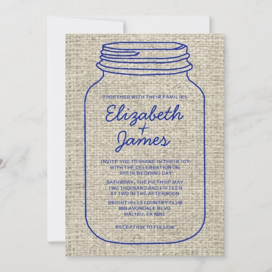Navy Blue Rustic Mason Jar Wedding Invitations Kaart (Voorkant)