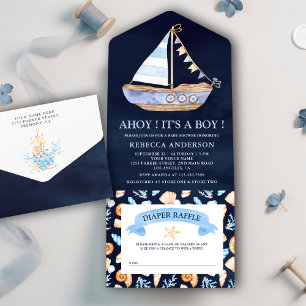 Navy Blue Rustic Nautical Sailboat Baby shower All In One Uitnodiging