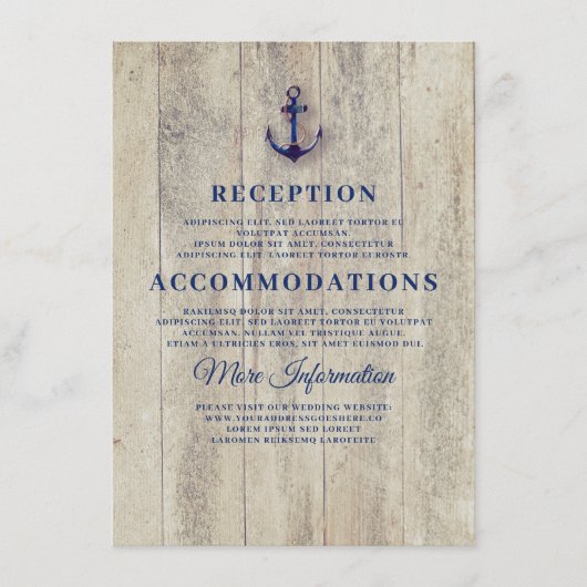 Navy Blue Rustic Nautical Wedding Details Informatiekaartje (Voorkant)