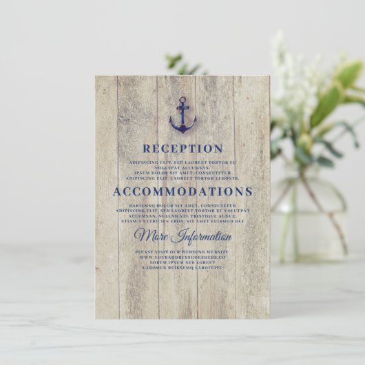 Navy Blue Rustic Nautical Wedding Details Informatiekaartje (Staand voorkant)