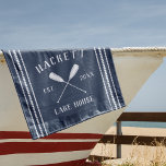 Navy Blue Rustic Oars Specialized Lake House Strandlaken<br><div class="desc">Pas je meerstal aan met deze schattige persoonlijke badhanddoek met je familienaam of huisnaam en het jaar dat je hebt ingesteld in witte letters die voorzien zijn van een paar riemen of kano's op een blauw marineklein.</div>