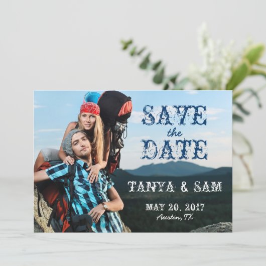 Navy Blue Rustic Photo Save the Date (Staand voorkant)