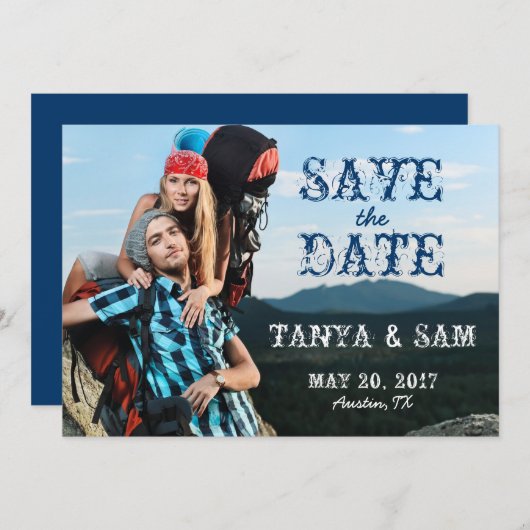 Navy Blue Rustic Photo Save the Date (Voorkant / Achterkant)