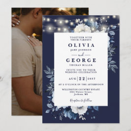 Navy Blue Rustic String Licht Bloemen Foto Huwelij Kaart
