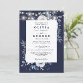 Navy Blue Rustic String Lights Bloemen Huwelijk Kaart (Staand voorkant)