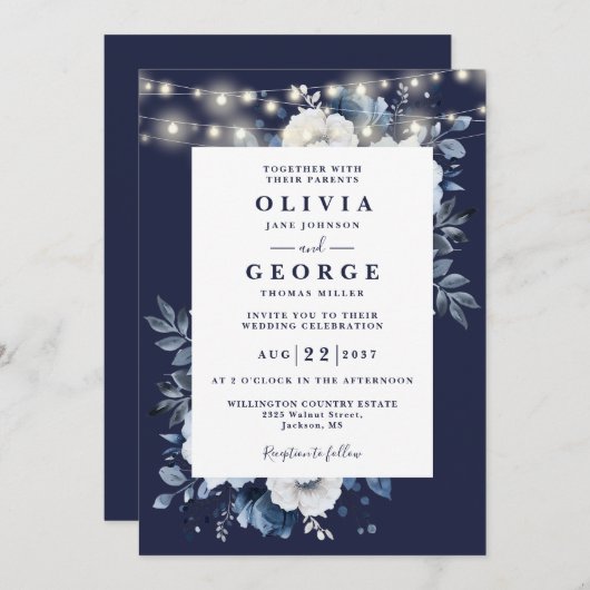 Navy Blue Rustic String Lights Bloemen Huwelijk Kaart (Voorkant / Achterkant)