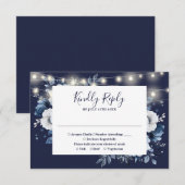 Navy Blue Rustic String Lights Bloemen Huwelijk RSVP Kaartje (Voorkant / Achterkant)