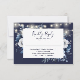 Navy Blue Rustic String Lights Bloemen Huwelijk RSVP Kaartje