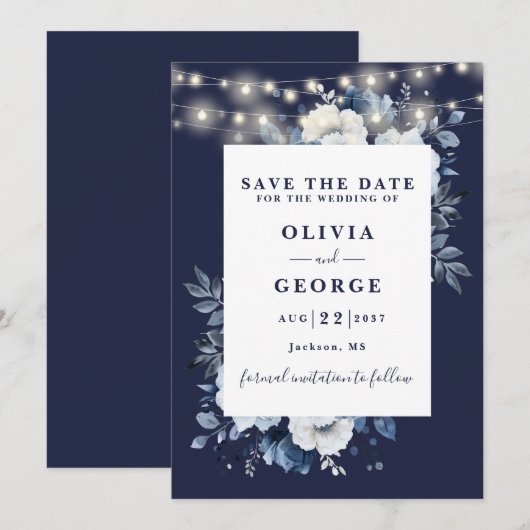 Navy Blue Rustic String Lights Bloemen Huwelijk Save The Date (Voorkant / Achterkant)