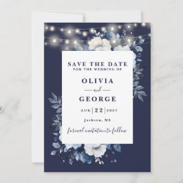 Navy Blue Rustic String Lights Bloemen Huwelijk Save The Date
