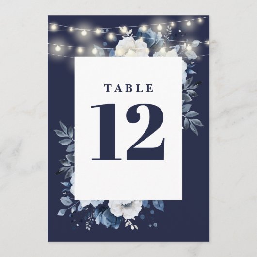 Navy Blue Rustic String Lights Bloemen Tafelnummer (Achterkant)