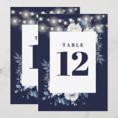 Navy Blue Rustic String Lights Bloemen Tafelnummer (Voorkant / Achterkant)