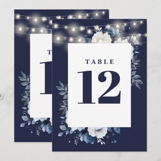 Navy Blue Rustic String Lights Bloemen Tafelnummer (Voorkant / Achterkant)