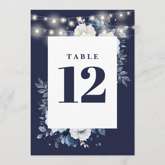Navy Blue Rustic String Lights Bloemen Tafelnummer (Voorkant)
