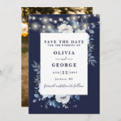 Navy Blue Rustic String Lights Bloemenfoto Save The Date (Voorkant / Achterkant)