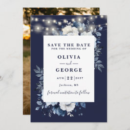 Navy Blue Rustic String Lights Bloemenfoto Save The Date