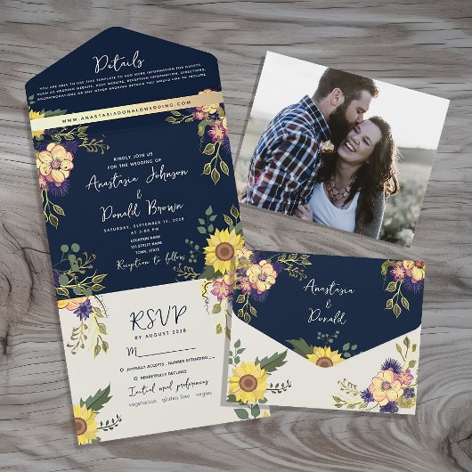 Navy Blue Rustic Sunflower Wedding All In One Uitnodiging