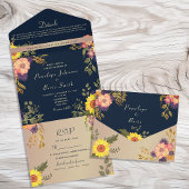 Navy Blue Rustic Sunflower Wedding All In One Uitnodiging
