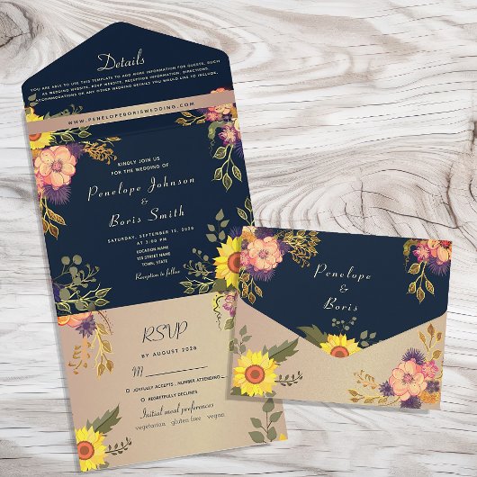 Navy Blue Rustic Sunflower Wedding All In One Uitnodiging