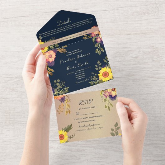 Navy Blue Rustic Sunflower Wedding All In One Uitnodiging (Afscheurbaar)
