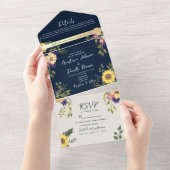 Navy Blue Rustic Sunflower Wedding All In One Uitnodiging (Afscheurbaar)
