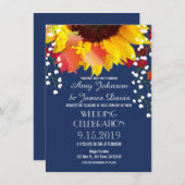 Navy Blue Rustic Sunflower Wedding Invitations Kaart (Voorkant / Achterkant)