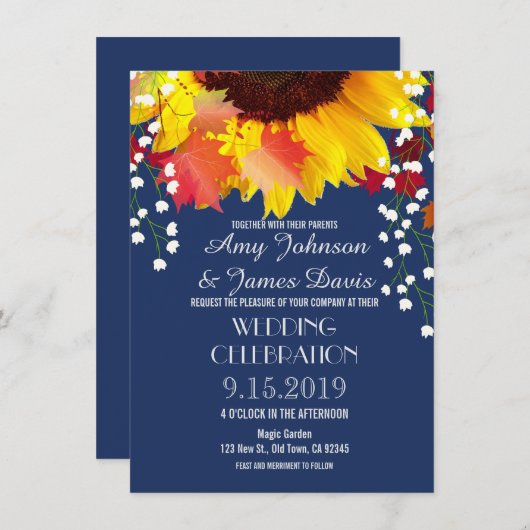 Navy Blue Rustic Sunflower Wedding Invitations Kaart (Voorkant / Achterkant)