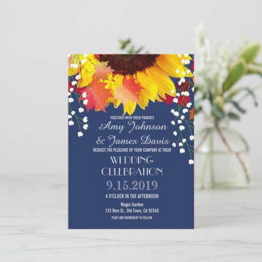 Navy Blue Rustic Sunflower Wedding Invitations Kaart (Staand voorkant)