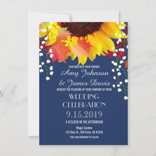 Navy Blue Rustic Sunflower Wedding Invitations Kaart (Voorkant)
