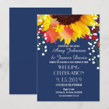 Navy Blue Rustic Sunflower Wedding Invitations